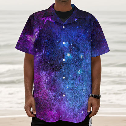 Purple Galaxy Space Blue Starfield Print Textured Short Sleeve Shirt