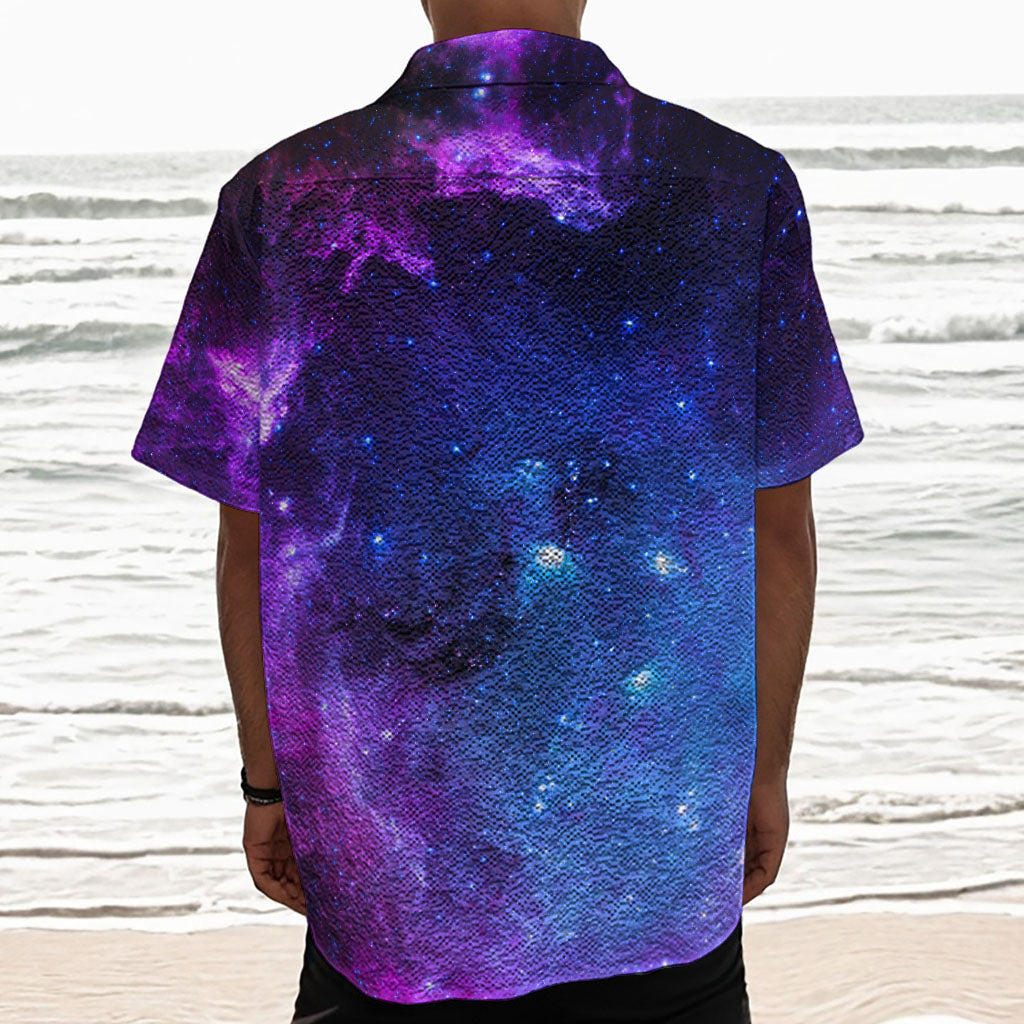 Purple Galaxy Space Blue Starfield Print Textured Short Sleeve Shirt