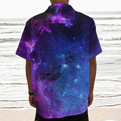Purple Galaxy Space Blue Starfield Print Textured Short Sleeve Shirt