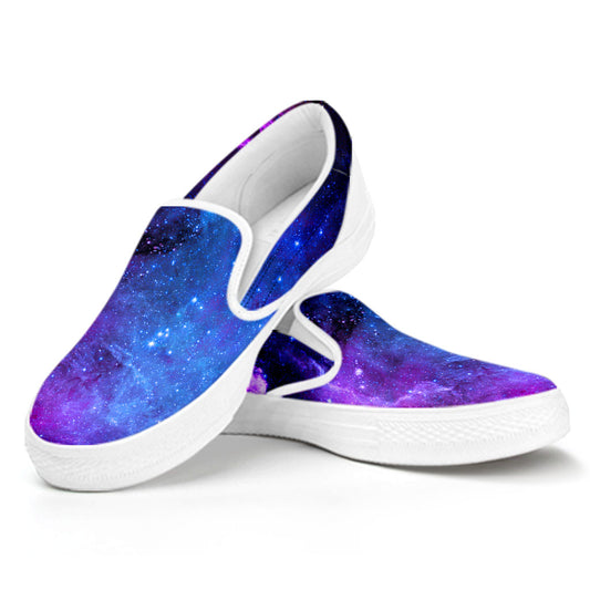 Purple Galaxy Space Blue Starfield Print White Slip On Sneakers