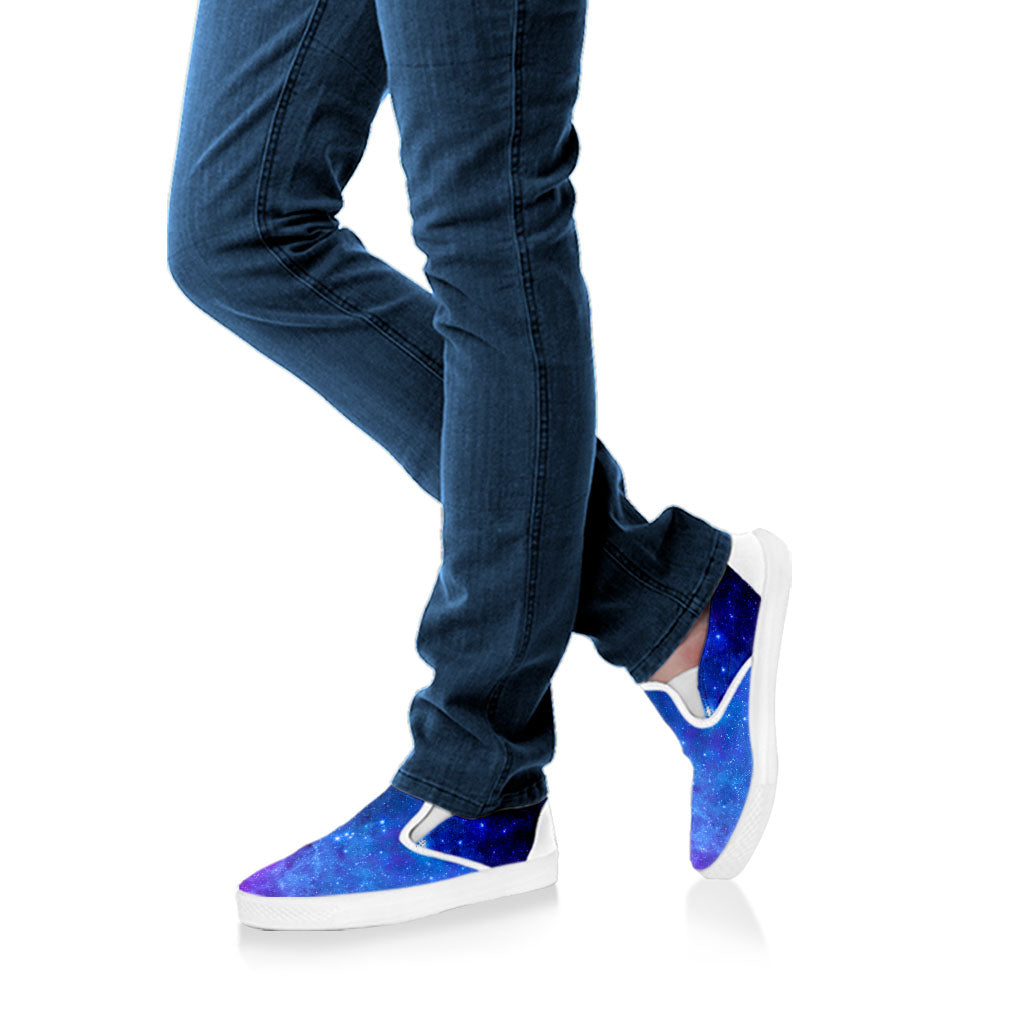 Purple Galaxy Space Blue Starfield Print White Slip On Sneakers
