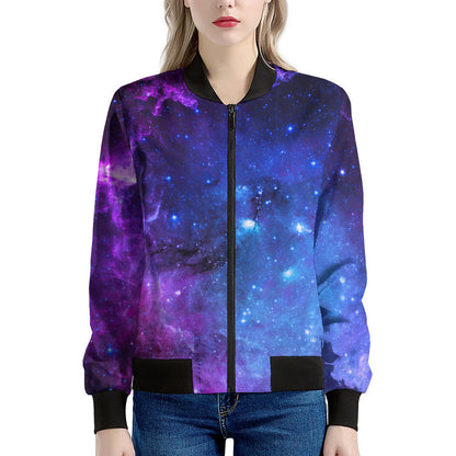 Purple Galaxy Space Blue Starfield Print Women's Bomber Jacket