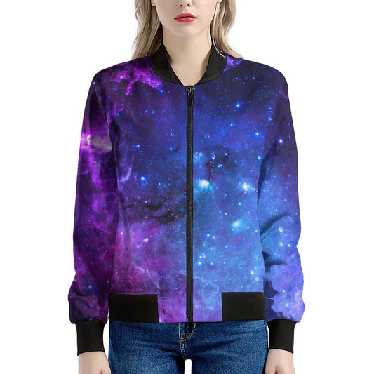 Purple Galaxy Space Blue Starfield Print Women's Bomber Jacket