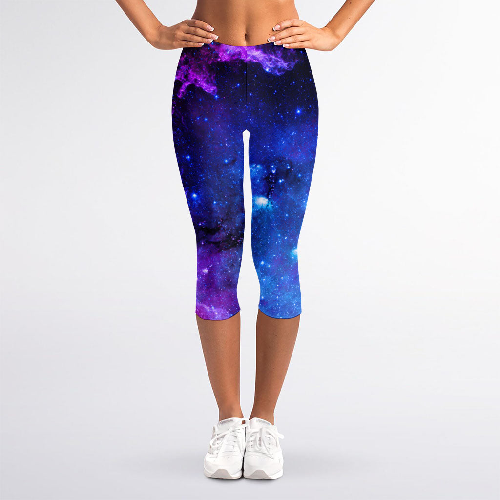 Purple Galaxy Space Blue Starfield Print Women's Capri Leggings