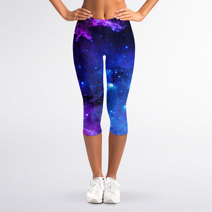 Purple Galaxy Space Blue Starfield Print Women's Capri Leggings