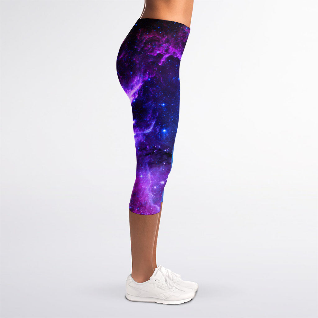 Purple Galaxy Space Blue Starfield Print Women's Capri Leggings