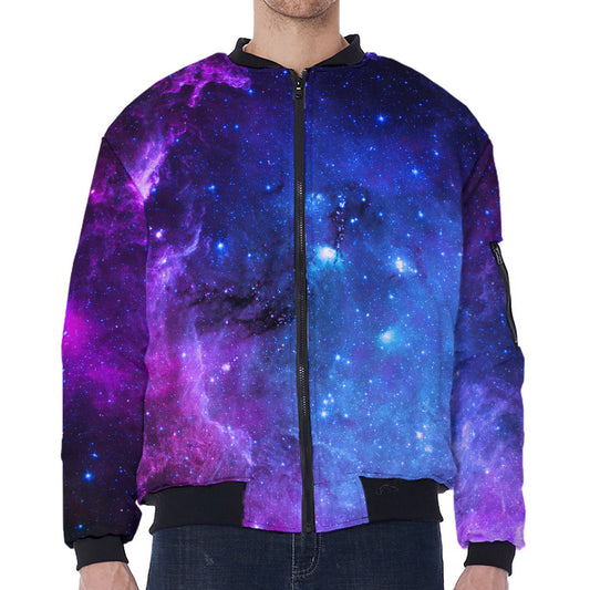 Purple Galaxy Space Blue Starfield Print Zip Sleeve Bomber Jacket