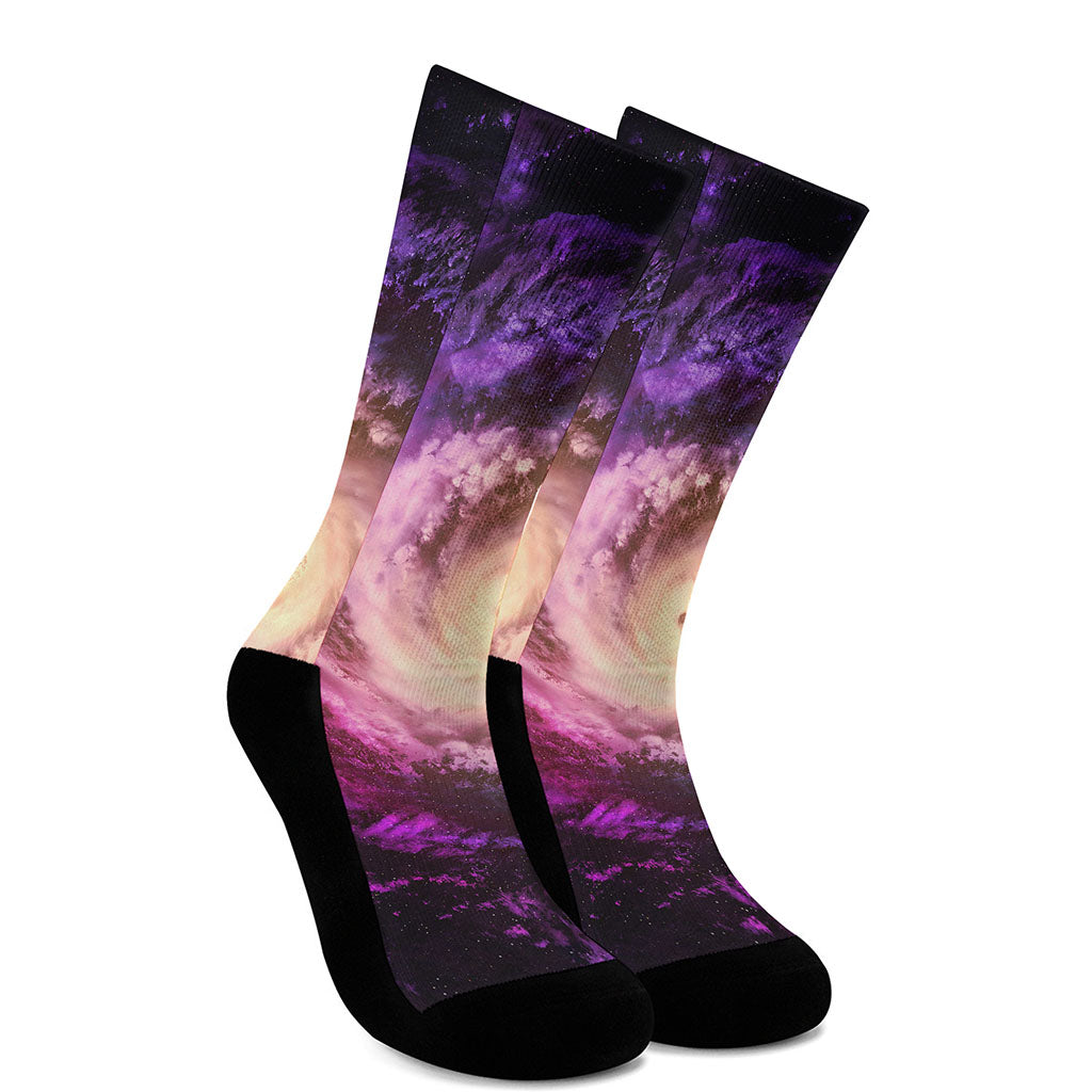 Purple Galaxy Space Spiral Cloud Print Crew Socks