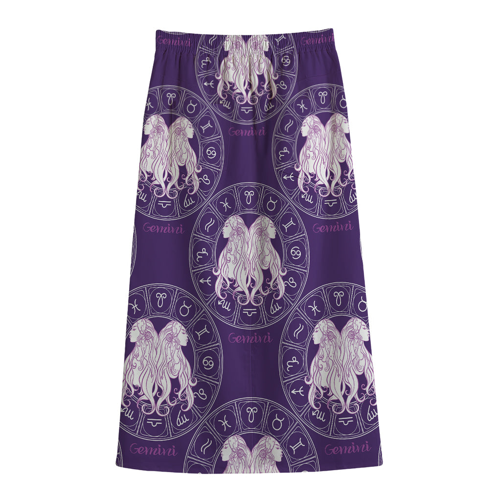 Purple Gemini Zodiac Pattern Print Cotton Front Slit Maxi Skirt