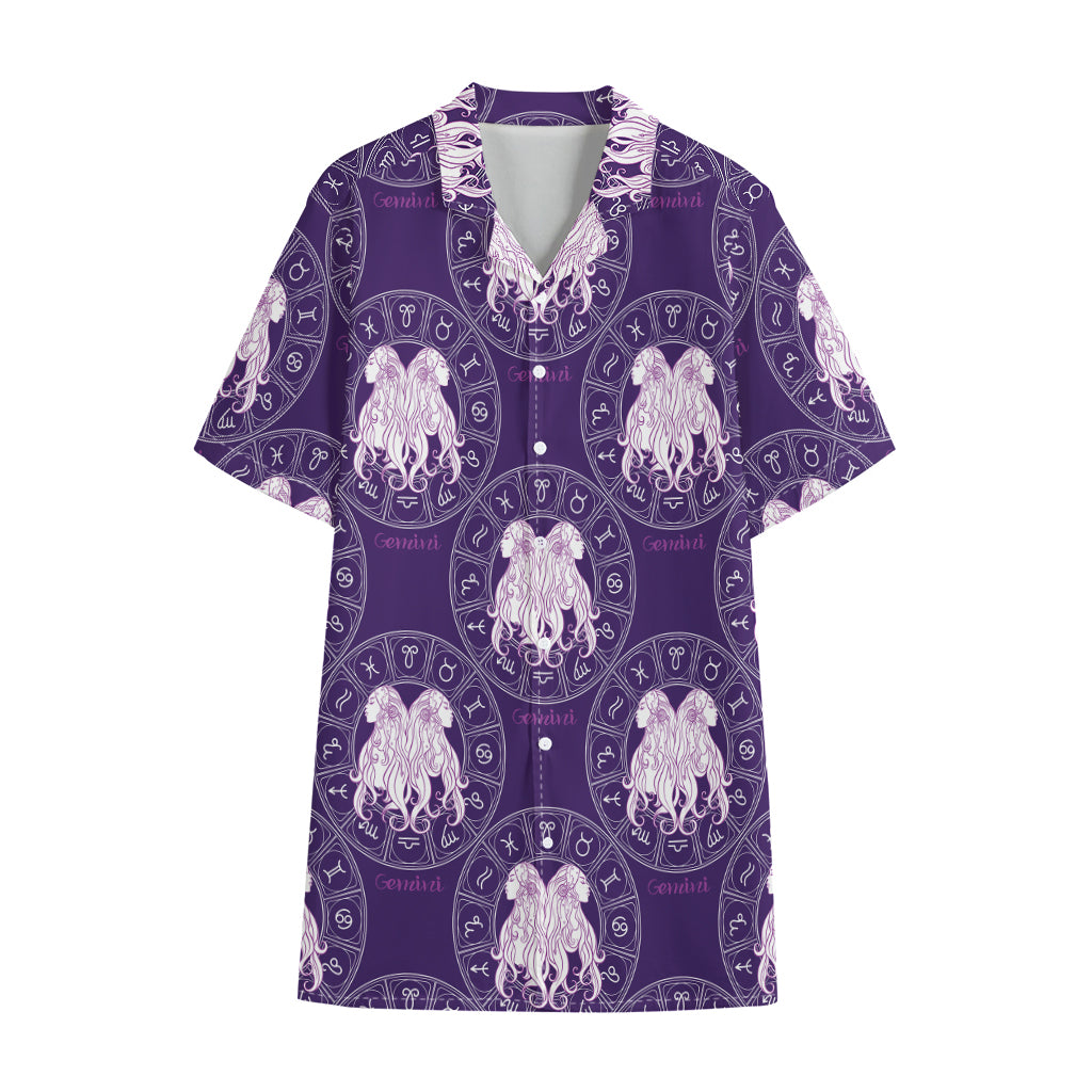 Purple Gemini Zodiac Pattern Print Cotton Hawaiian Shirt