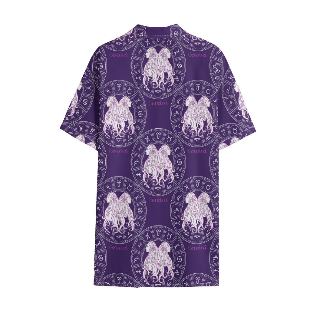 Purple Gemini Zodiac Pattern Print Cotton Hawaiian Shirt