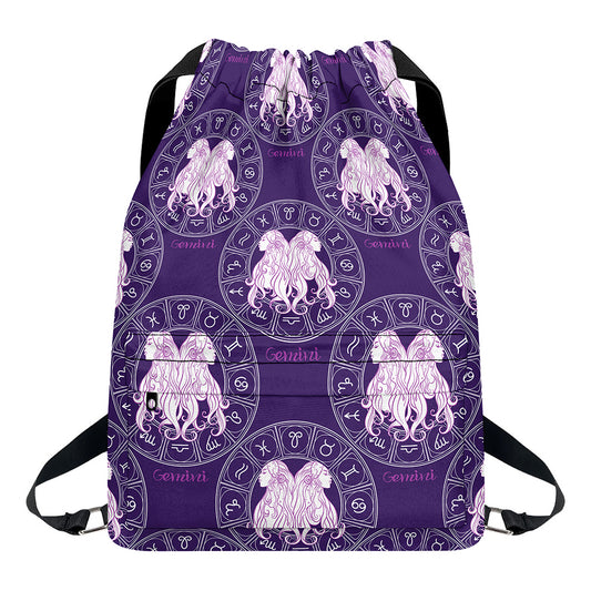 Purple Gemini Zodiac Pattern Print Drawstring Backpack