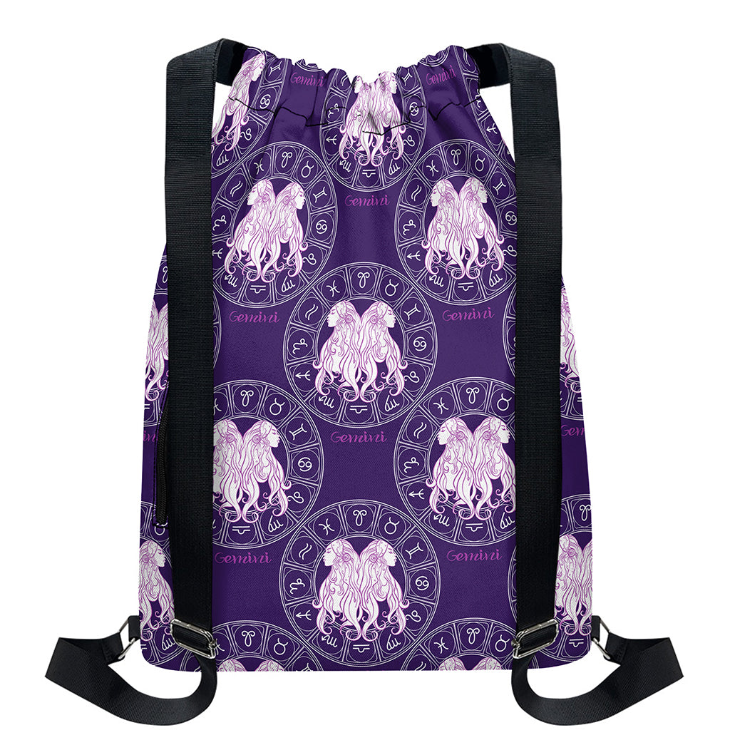 Purple Gemini Zodiac Pattern Print Drawstring Backpack