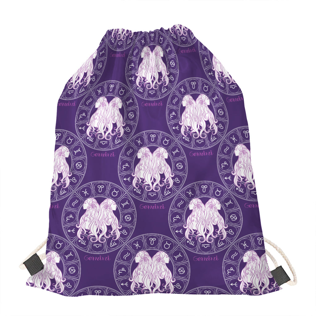 Purple Gemini Zodiac Pattern Print Drawstring Bag