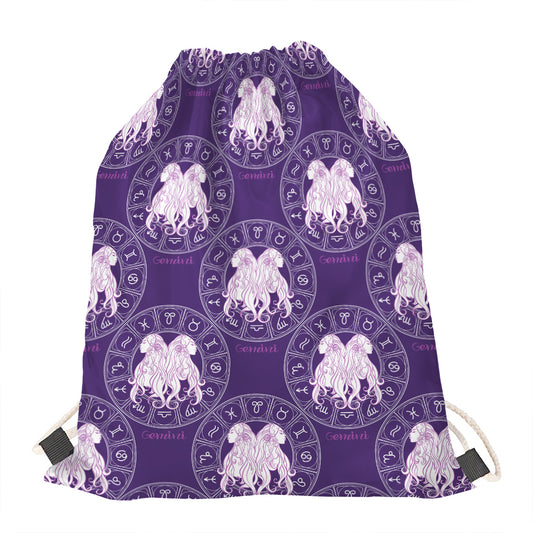 Purple Gemini Zodiac Pattern Print Drawstring Bag