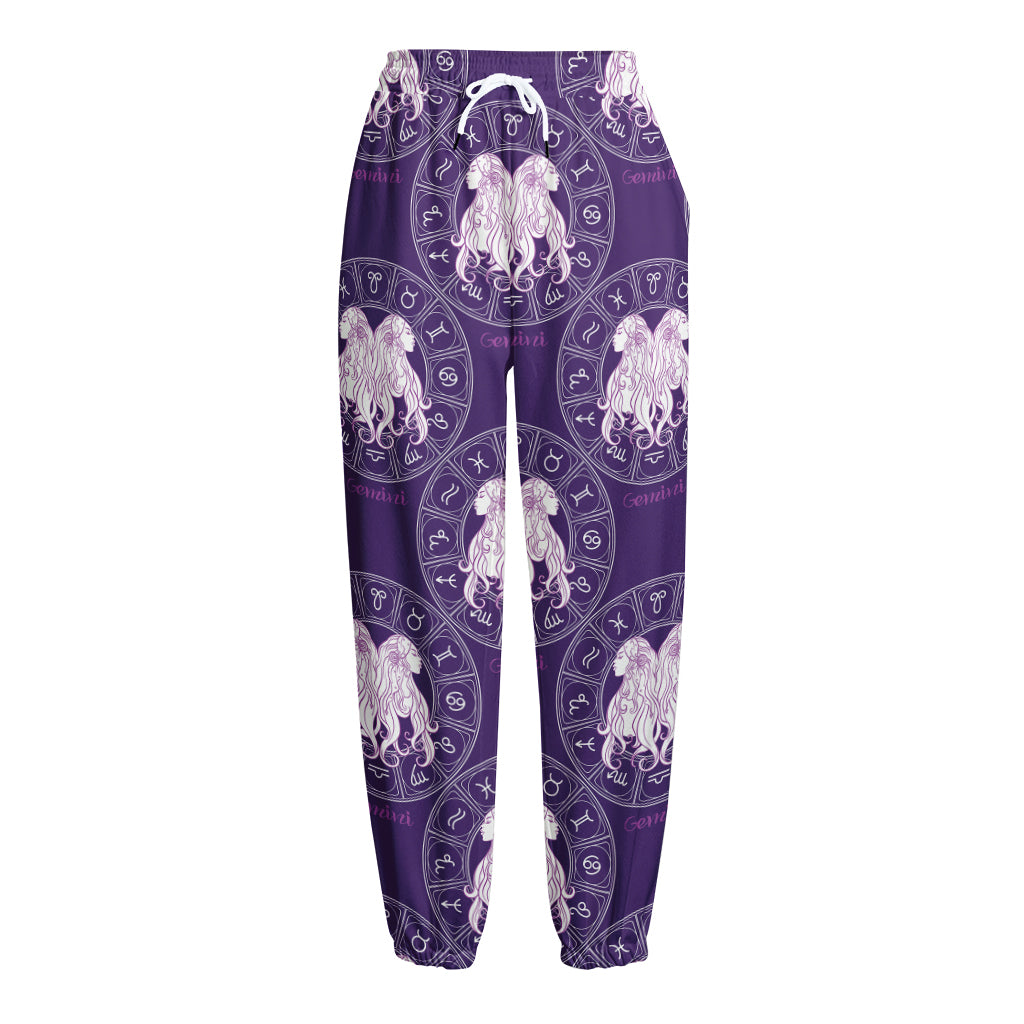 Purple Gemini Zodiac Pattern Print Fleece Lined Knit Pants