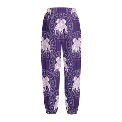 Purple Gemini Zodiac Pattern Print Fleece Lined Knit Pants