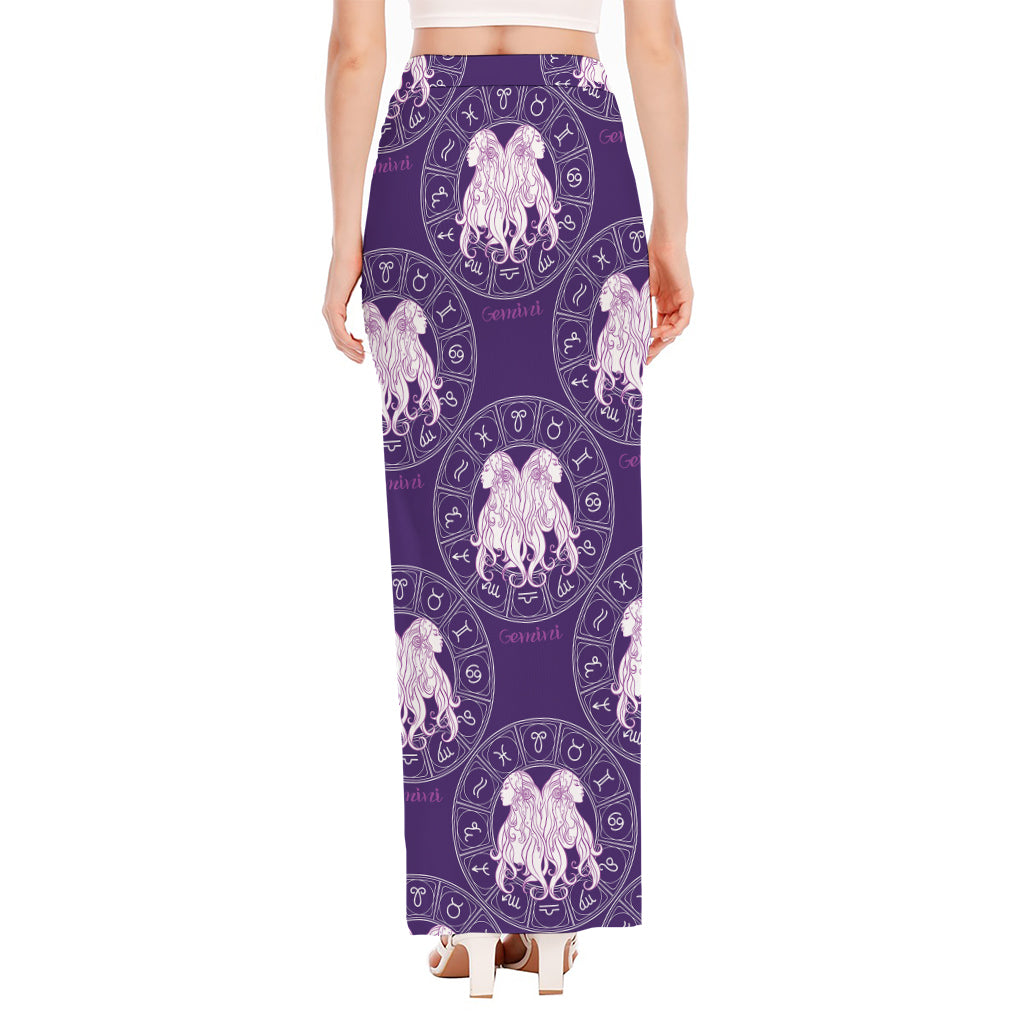 Purple Gemini Zodiac Pattern Print High Slit Maxi Skirt