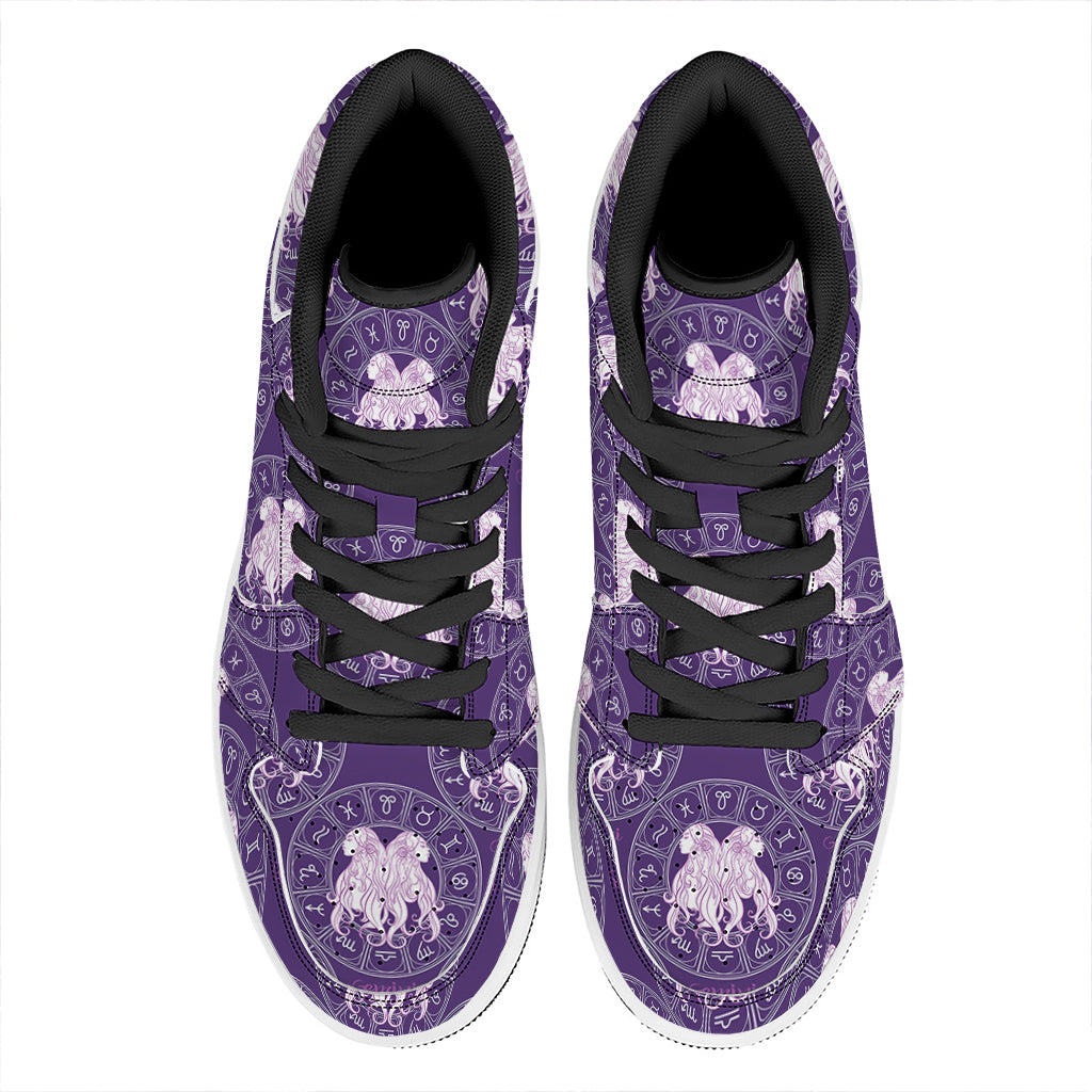 Purple Gemini Zodiac Pattern Print High Top Leather Sneakers