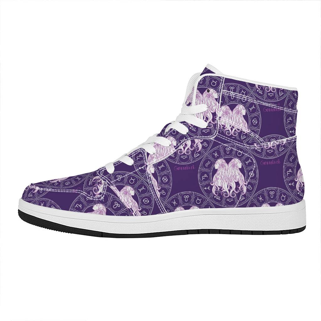 Purple Gemini Zodiac Pattern Print High Top Leather Sneakers