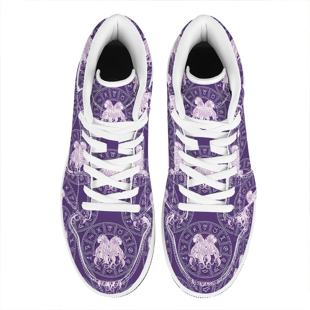 Purple Gemini Zodiac Pattern Print High Top Leather Sneakers