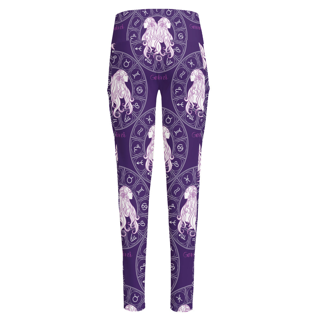 Purple Gemini Zodiac Pattern Print High-Waisted Pocket Leggings