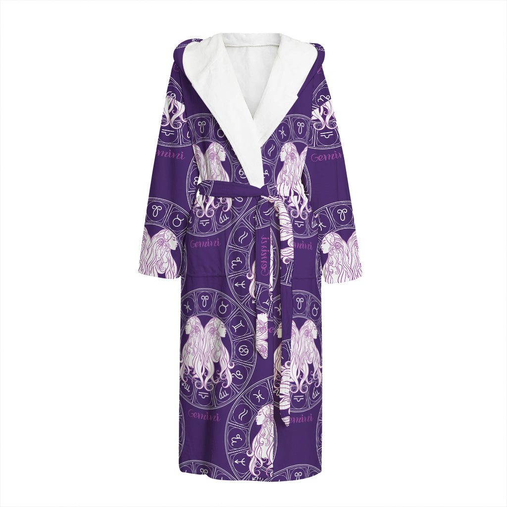 Purple Gemini Zodiac Pattern Print Hooded Bathrobe