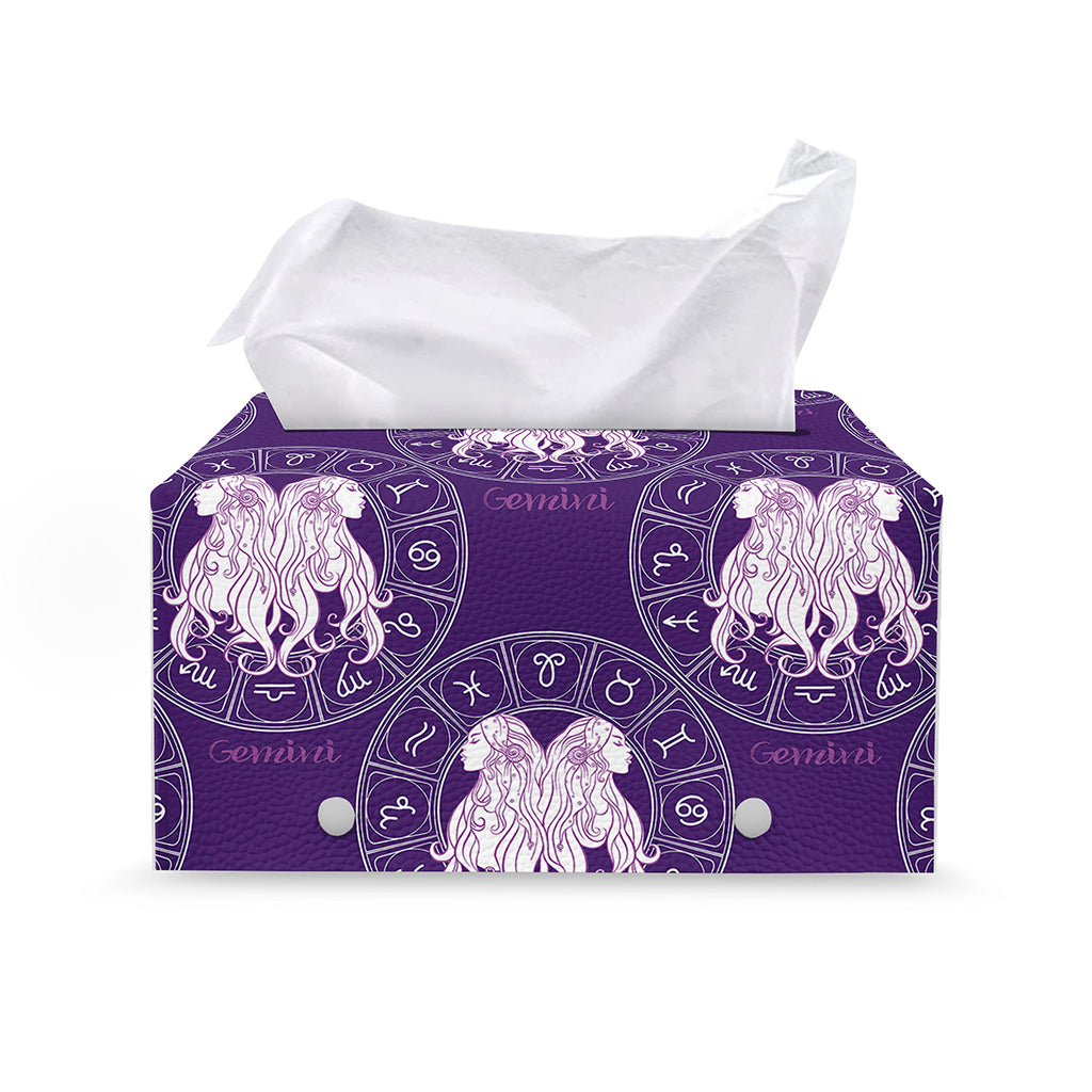 Purple Gemini Zodiac Pattern Print Leather Tissue Box Cover