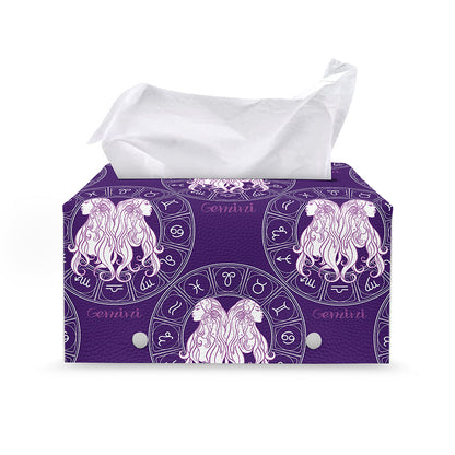 Purple Gemini Zodiac Pattern Print Leather Tissue Box Cover