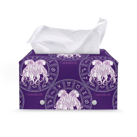 Purple Gemini Zodiac Pattern Print Leather Tissue Box Cover