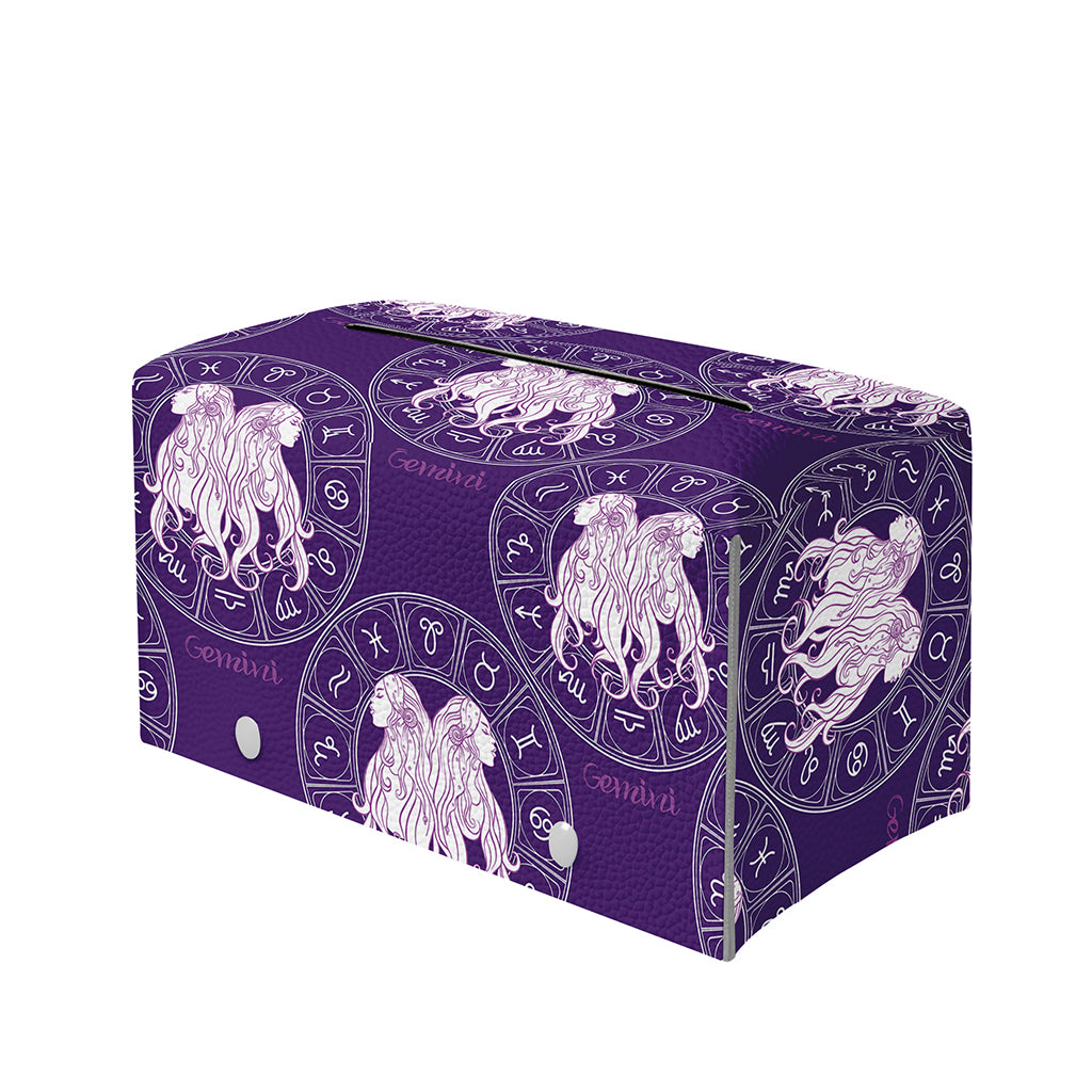 Purple Gemini Zodiac Pattern Print Leather Tissue Box Cover