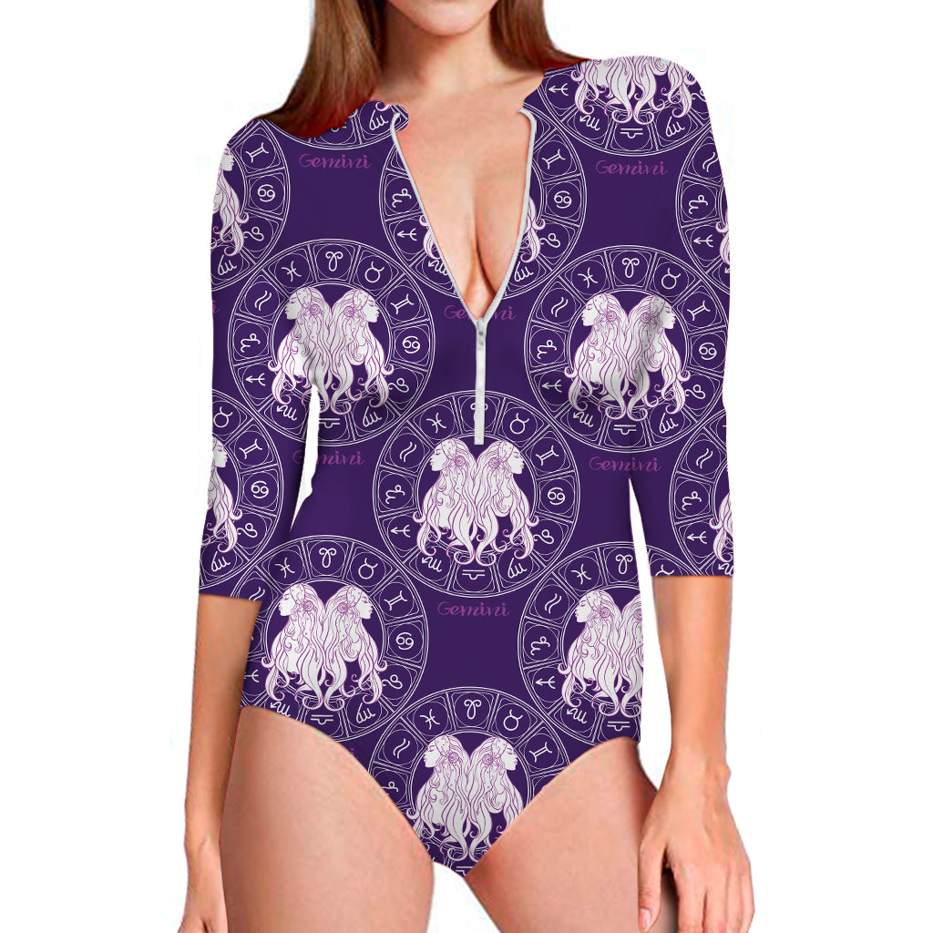 Purple Gemini Zodiac Pattern Print Long Sleeve Swimsuit