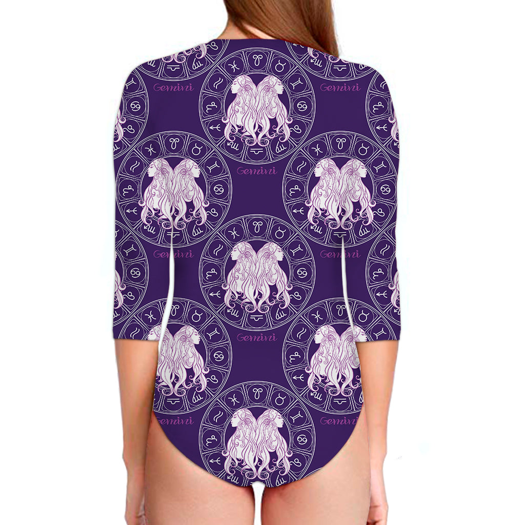 Purple Gemini Zodiac Pattern Print Long Sleeve Swimsuit