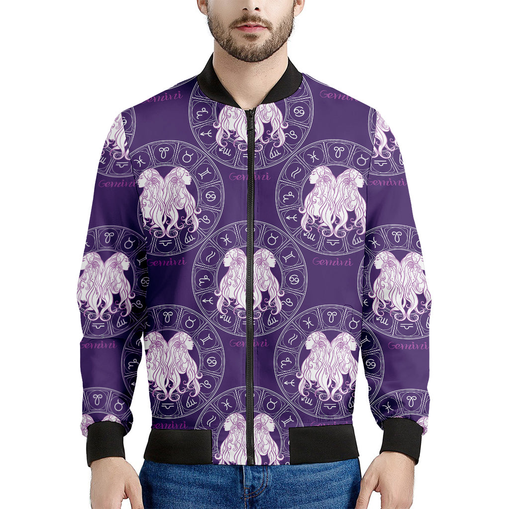 Purple Gemini Zodiac Pattern Print Men's Bomber Jacket