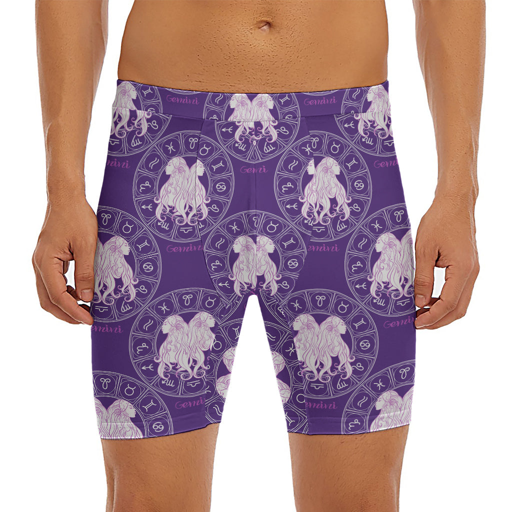 Purple Gemini Zodiac Pattern Print Men's Long Boxer Briefs