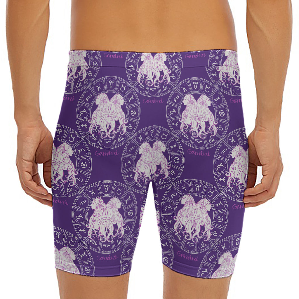 Purple Gemini Zodiac Pattern Print Men's Long Boxer Briefs