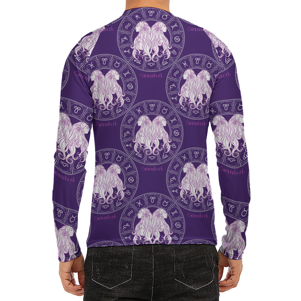 Purple Gemini Zodiac Pattern Print Men's Long Sleeve Rash Guard