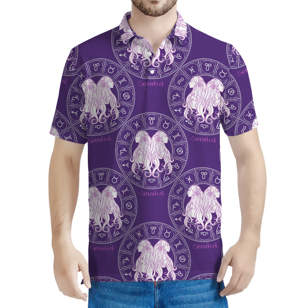 Purple Gemini Zodiac Pattern Print Men's Polo Shirt