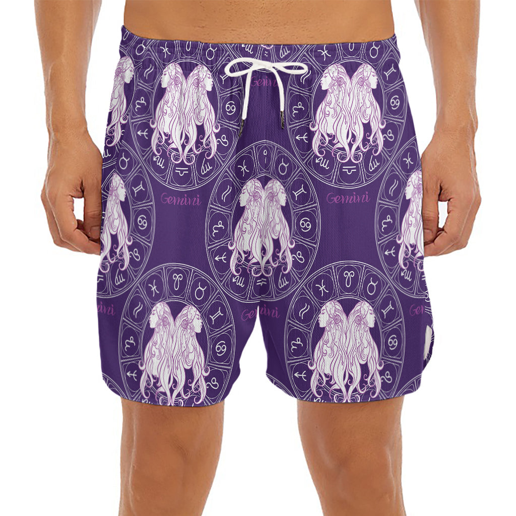 Purple Gemini Zodiac Pattern Print Men's Split Running Shorts