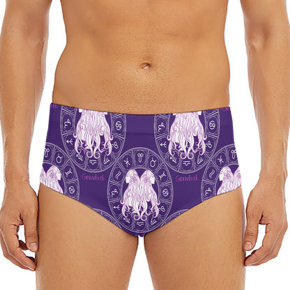 Purple Gemini Zodiac Pattern Print Men's Triangle Swim Briefs