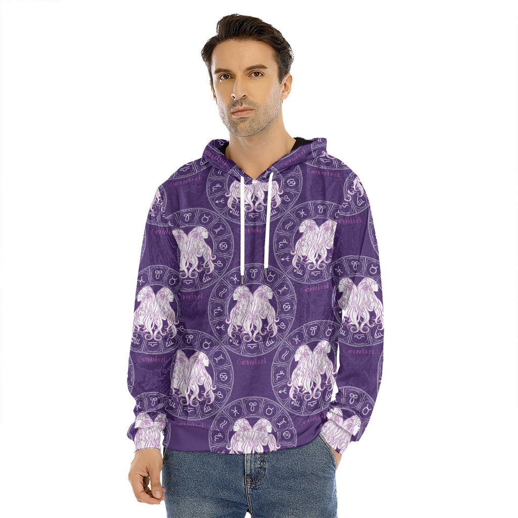 Purple Gemini Zodiac Pattern Print Men's Velvet Pullover Hoodie