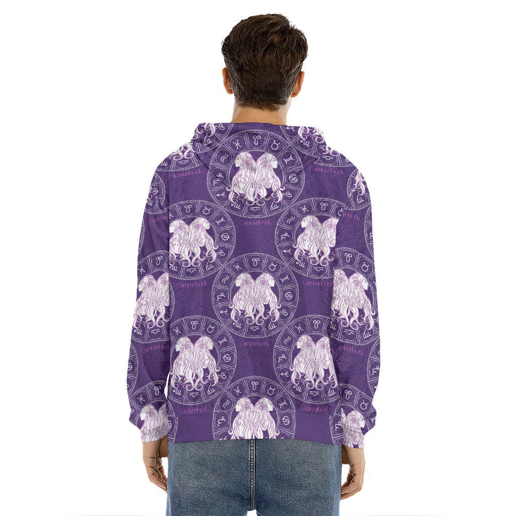 Purple Gemini Zodiac Pattern Print Men's Velvet Pullover Hoodie