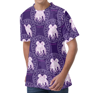 Purple Gemini Zodiac Pattern Print Men's Velvet T-Shirt