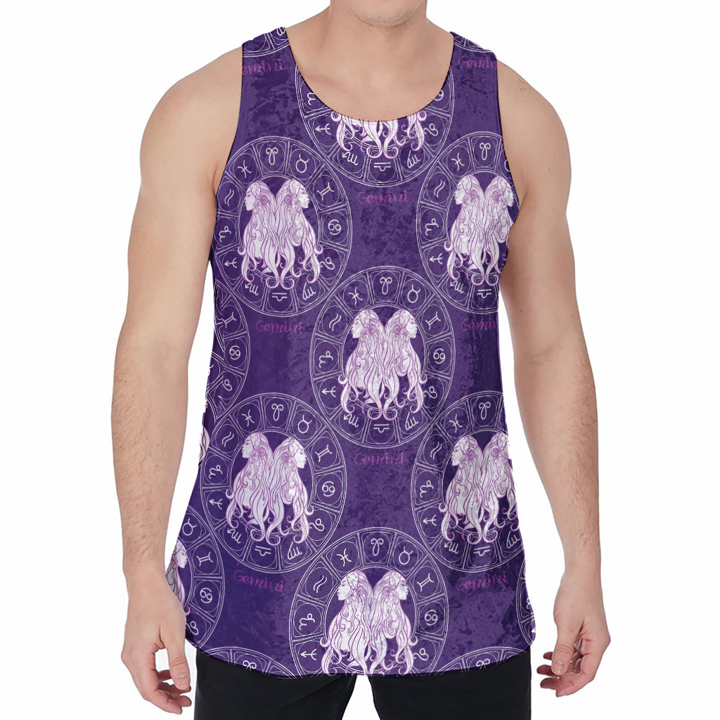 Purple Gemini Zodiac Pattern Print Men's Velvet Tank Top