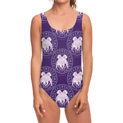 Purple Gemini Zodiac Pattern Print One Piece Swimsuit