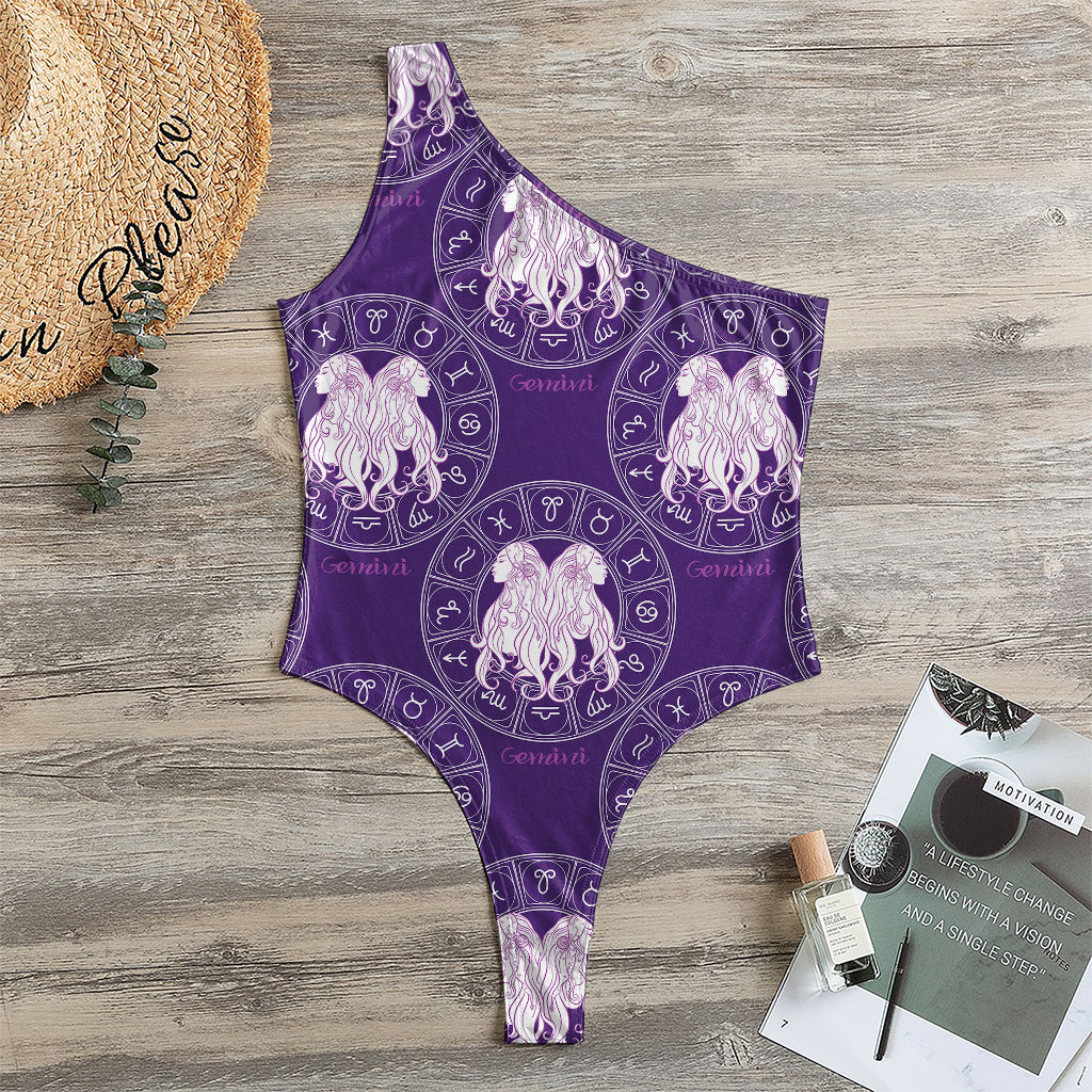 Purple Gemini Zodiac Pattern Print One Shoulder Bodysuit