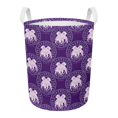 Purple Gemini Zodiac Pattern Print Round Laundry Basket