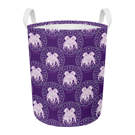 Purple Gemini Zodiac Pattern Print Round Laundry Basket