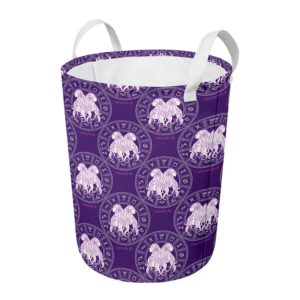 Purple Gemini Zodiac Pattern Print Round Laundry Basket
