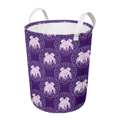Purple Gemini Zodiac Pattern Print Round Laundry Basket